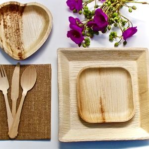Palm Leaf Plate 50 pic Square 10" and 50 pic Square 6" - 50 Heart 60 pic napkin